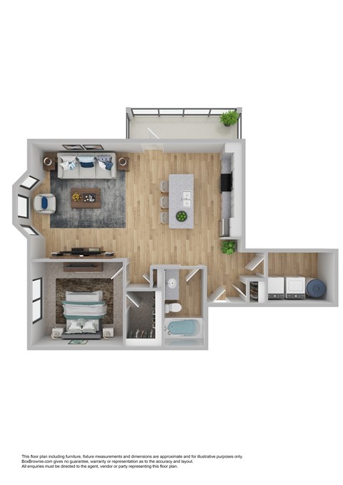 A floor plan of a furnished apartment with a living room, kitchen, and bathroom.